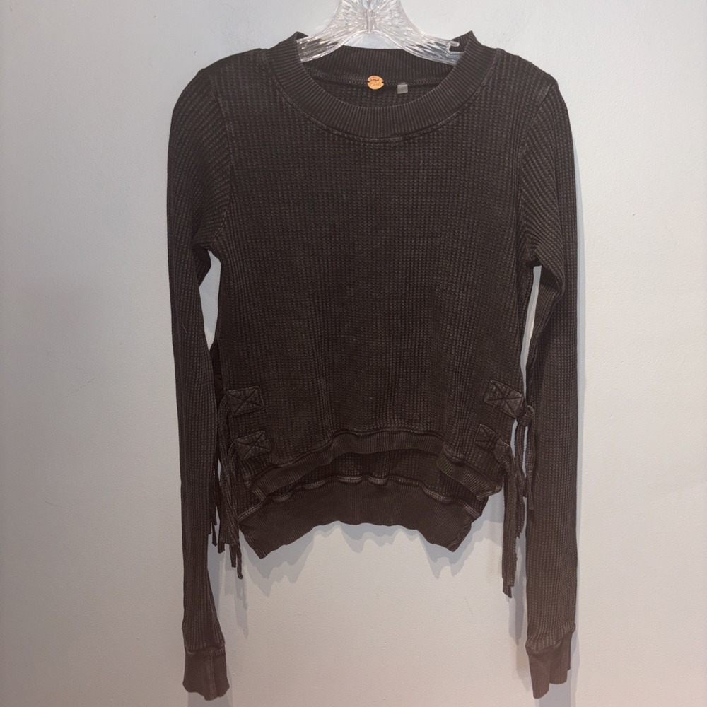 Free People Charcoal‎ Grey One Interlaken Waffle Thermal Sweater side lace-up XS